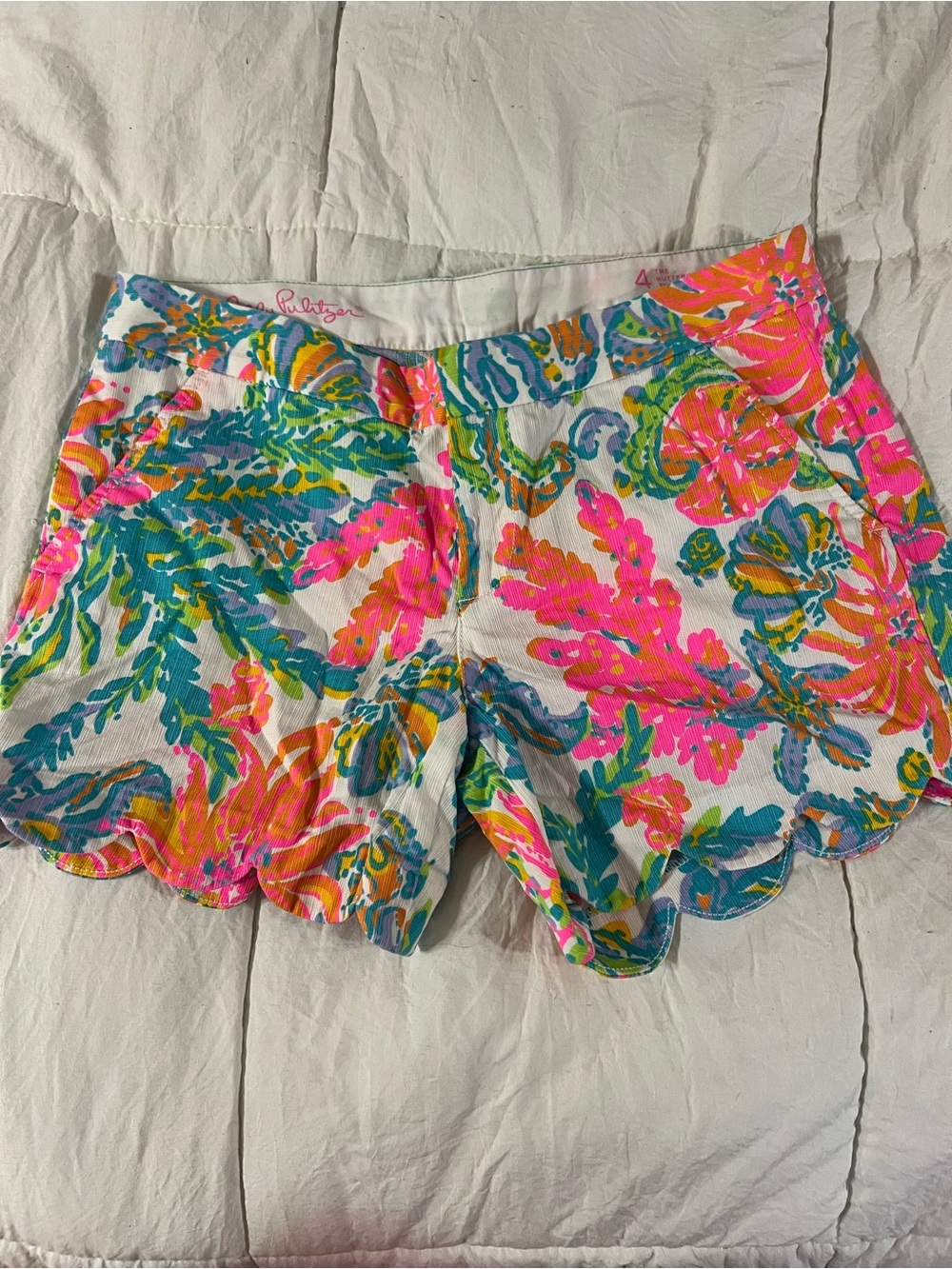 Lilly Pulitzer Neon Floral Scalloped High-Waist Shorts - Pink, Teal, Orange
